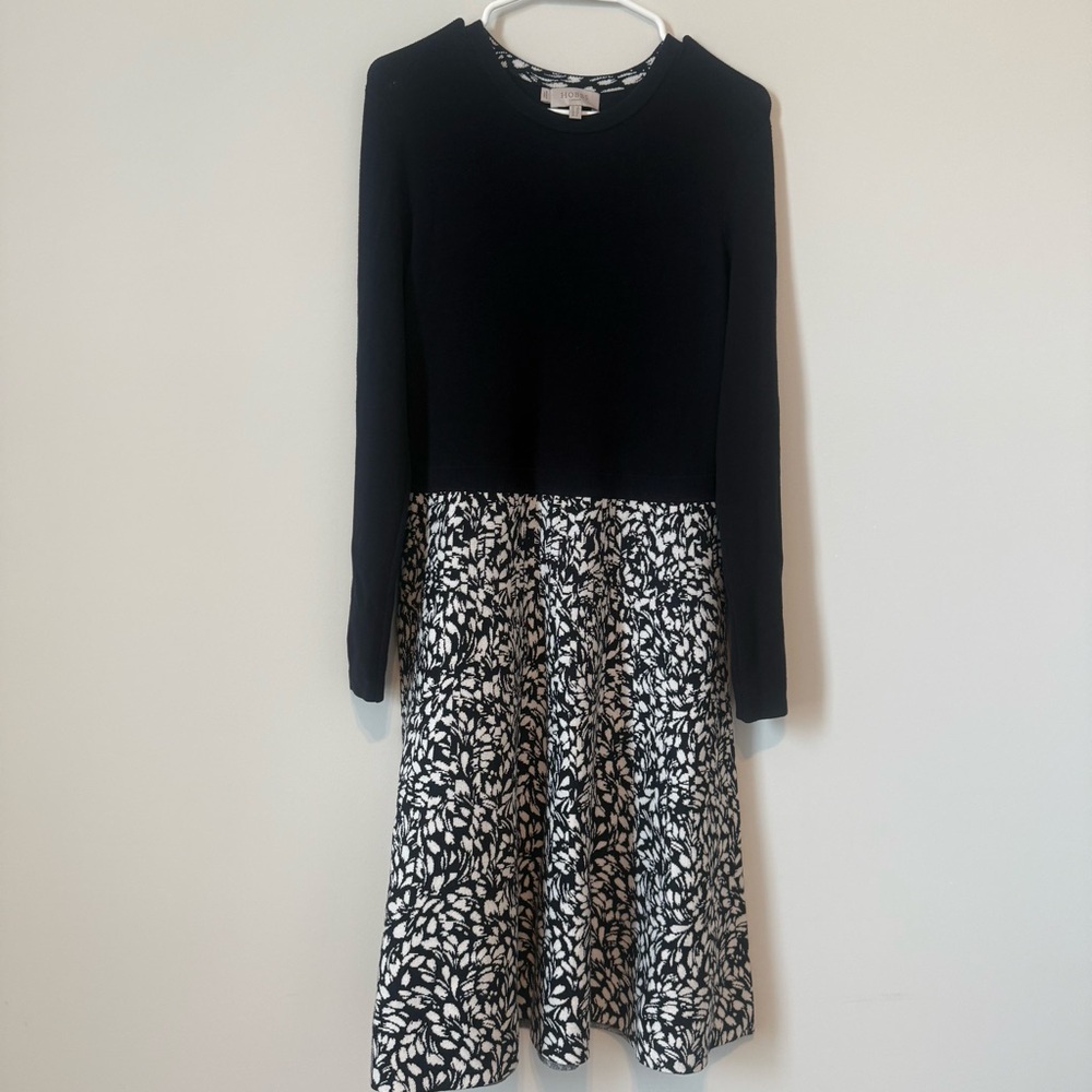Long Sleeve Black & White Floral Fit-and-Flare Dress